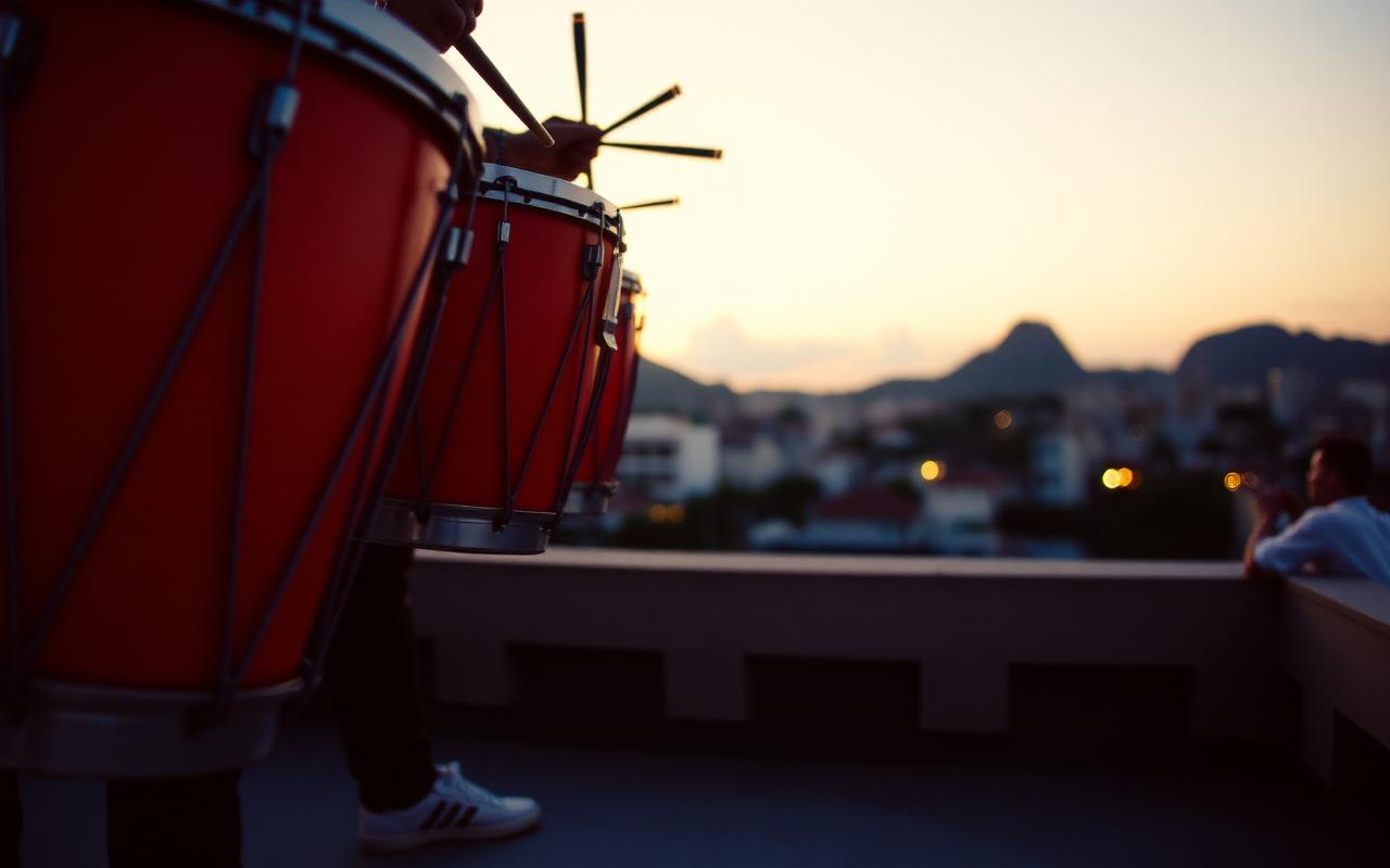 Samba drums on a Rio de Janeiro rooftop at dusk